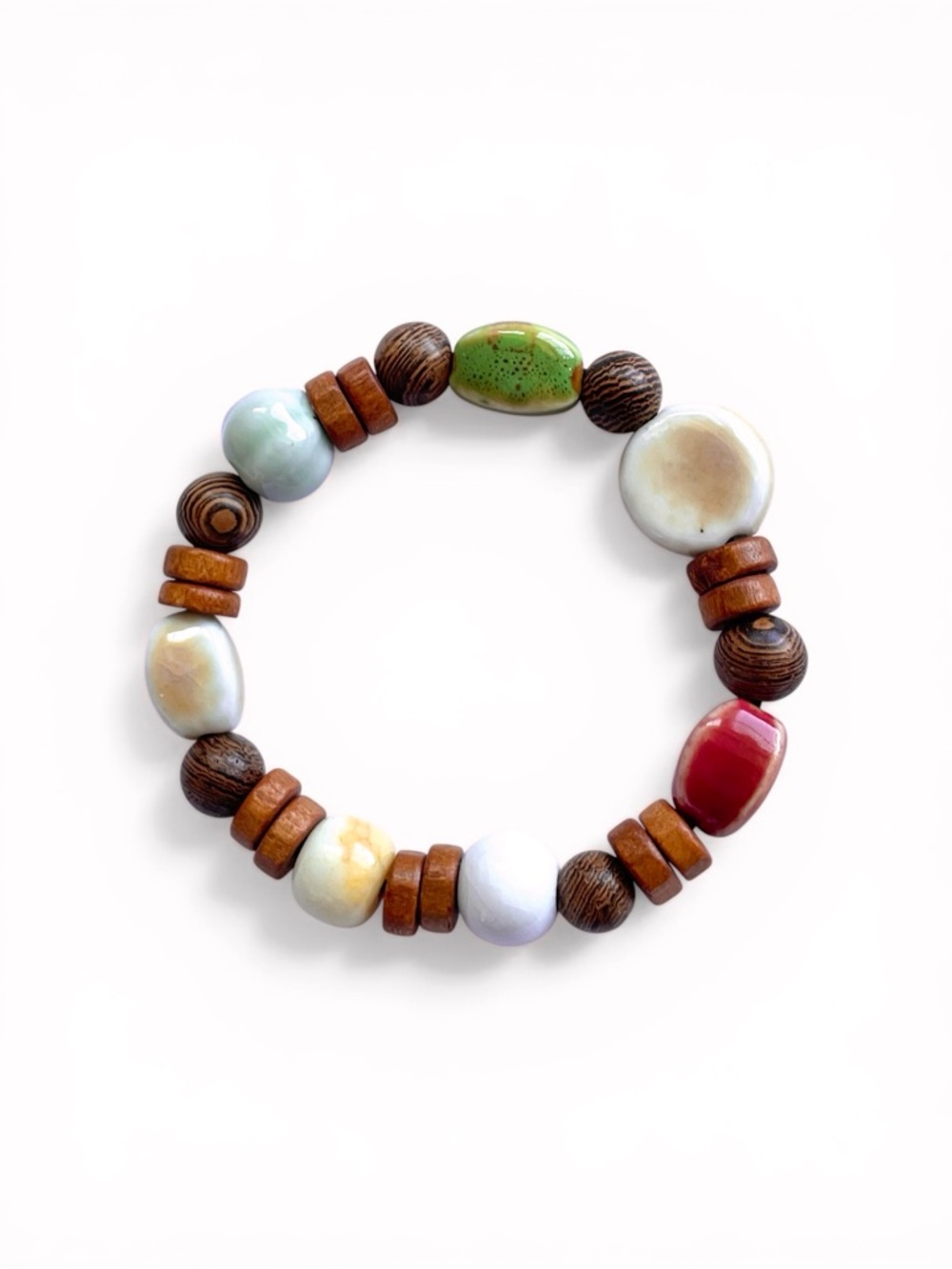 Boho Bracelet Brown Wood Blue Green Red White Beaded Stretchy